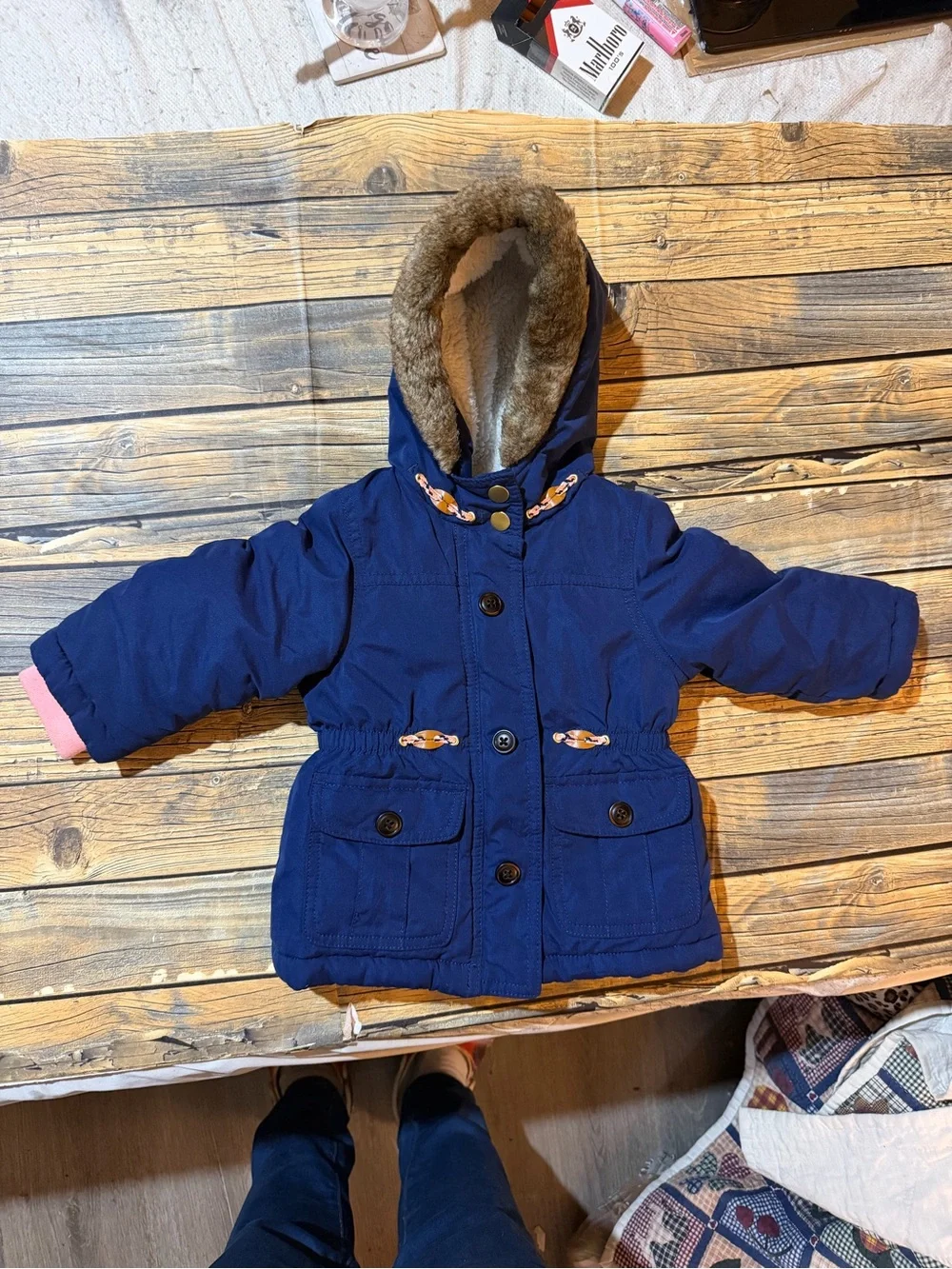 Carter's‎ Navy Blue Hooded Pea Coat with Faux Fur Trim